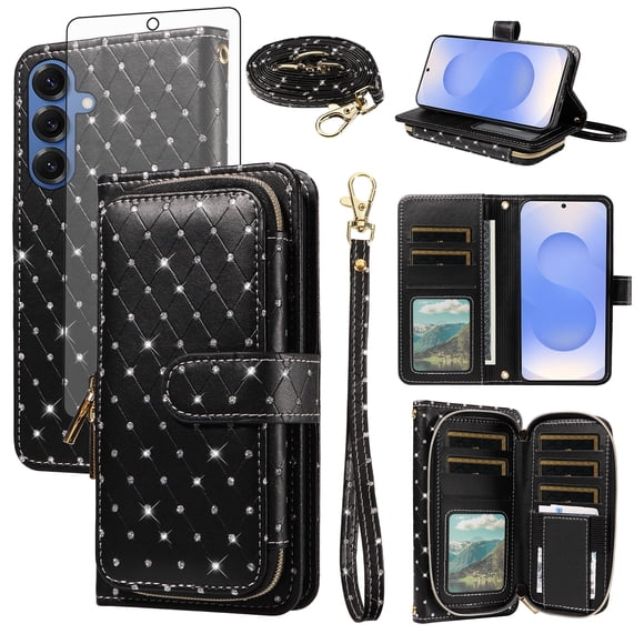 Asuwish Wallet Phone Case for Samsung Galaxy S25 FE 5G Tempered Glass Screen Protector Bling Glitter Crossbody Lanyard Strap Flip Zipper Purse Card Holder Cell Cover S 25 EF S25FE 25S Women Men Black