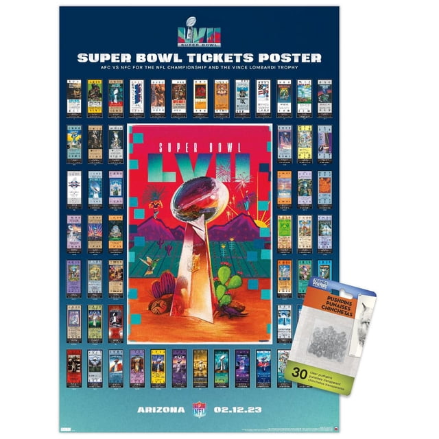 NFL League - Super Bowl LVII Ticket Collage Wall Affiche, 22.375 Pouces x 34 Pouces, Affichant une illustration Centrale Colorée du Trophée Vince Lombardi avec des Feux d'Artifice et des Plantes du Désert, Entourée d'Un Collage d'Images de Billets Super Bowl Historiques sur un Fond Bleu, avec Texte AFC vs NFC, Lieu Arizona, et date 02.12.23, Comprend 30 Punaises Adhésives Transparentes pour une Suspension Facile et Sans Dommages