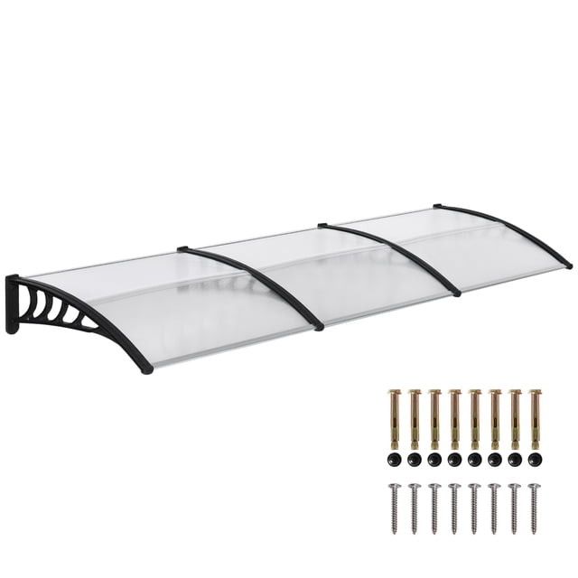 Outsunny Auvent de Fenêtre pour Porte, Auvent de patio Extérieur durable avec design Courbé, Présenté dans un Panneau en polycarbonate Transparent avec Cadre en Aluminium Noir et en PP. Comprend la Quincaillerie de Montage pour une installation Facile. Offre une protection contre les Rayons UV, la Pluie Légère à Moyenne et la Neige Douce. Mesure 119,3 Pouces de long, 37,8 Pouces de Large et 10,6 Pouces de Haut.