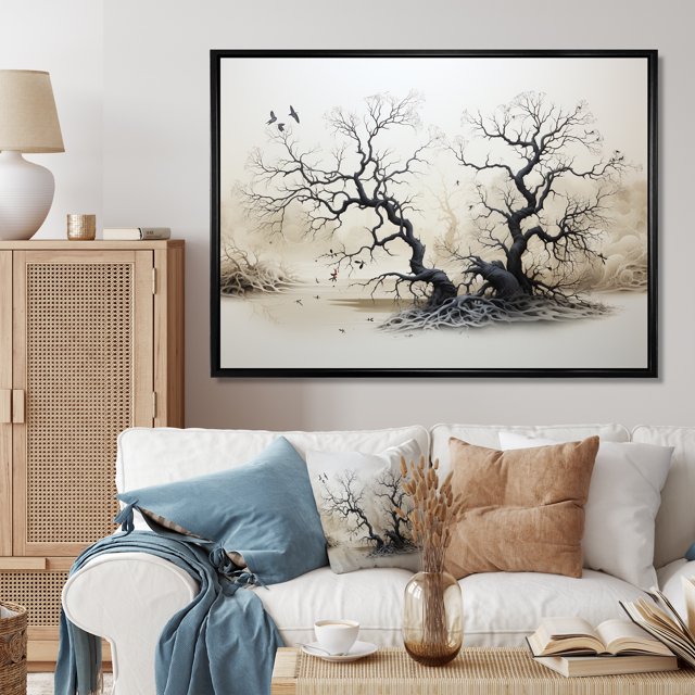 Designart Trees framed wall art decor, Tree black framed wall art, Grey White Tree Willows , Extra large Traditional black framed wall art, 32x16 inches black frame