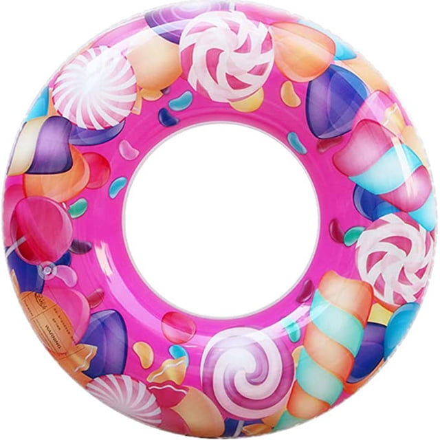 Inflatable pool float swimming tube with a vibrant pink base featuring a colorful candy-themed design, including lollipops and sweets. Made from durable, non-toxic PVC material, this float is suitable for adults and children for use in pools, lakes, beaches, and water parks. Quick to inflate in under 2 minutes, it is ideal for summer parties and outdoor fun.