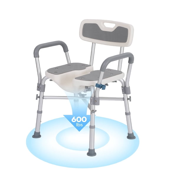 Naipo Non-Slip Shower Chair, Adjustable Height, Open Bottom with Reinforced Crossbar and U-Shape Cutout for Private Cleaning, 600 lbs Capacity
