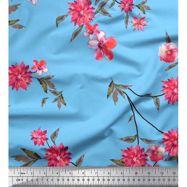 Soimoi Poly Georgette Fabric Leaves & Pink Flower Printed Craft Fabric by the Yard 42 Inch Wide