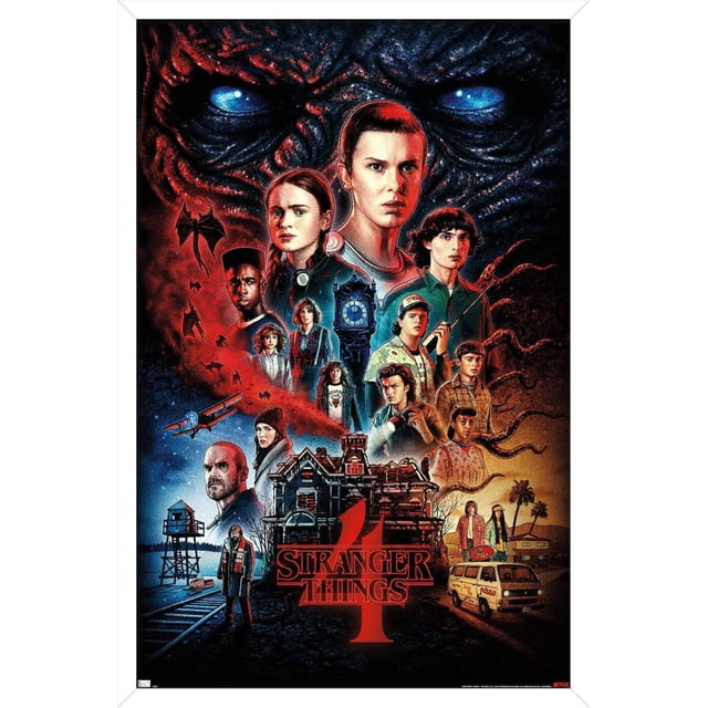 Netflix Stranger Things: Season 4 - One Sheet Wall Poster, 22.375" x 34" framed, featuring a front-facing collage of main characters with a large ominous face with glowing blue eyes in the background. The design highlights a central clock tower, supernatural flying creatures, and tentacles around a dark Victorian-style house, with a small town street scene including a van and palm trees in a red and blue color scheme ideal for home décor.