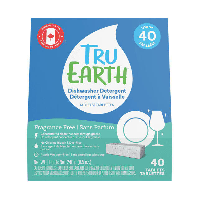 Tru Earth Dishwasher Detergent Tablets - 40 Tablets - Fragrance-Free box with blue and green packaging, featuring a white water droplet logo, Canadian made symbol, and a single embossed tablet next to sparkling dish and glass icons, emphasizing no chlorine bleach, dye-free, and plastic wrapper-free qualities.