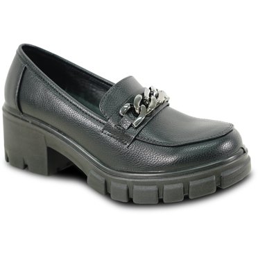 kozi Women Platform Chunky Heel Penny Loafer Slip-on Dress Shoe OY3302 Heel Pump Removable Insole Black Size 8.5
