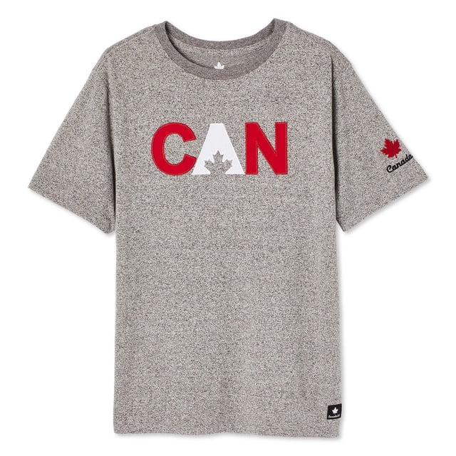 Canadiana Kids' Gender Inclusive Graphic Tee in grey soft jersey knit with crew neckline and short sleeves, featuring red and white CAN letters with a maple leaf graphic on the front and a red maple leaf with Canadiana text on the sleeve, suitable for casual wear or relaxed layering.