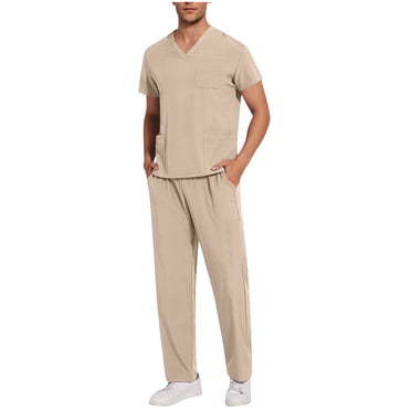 Bocqde Ensembles de Sarraus Médicaux pour Hommes 2 Pcs Tenues d'Été Unies T-Shirt à Col en V avec Pantalon de Jogging Vêtements de Travail pour Hommes Uniforme d'Infirmier avec Poches