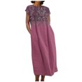 thumbnail image 2 of Meichang Robes en Lin pour Femmes 2024 Rétro à Imprimé Floral Coupe Ample Robes Midi Manches Courtes Col Rond Robes d'Été Décontractées Évasées Légères Confortables Longues Robes de Travail Rose Vif TG, 2 of 5
