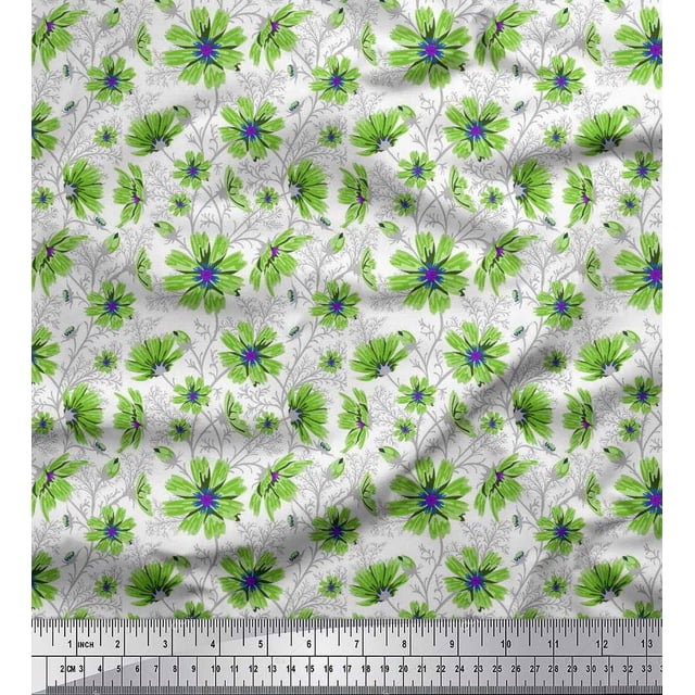 Soimoi Viscose Chiffon Fabric Leaves & Cosmos Floral Print Sewing Fabric Yard 42 Inch Wide