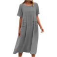 thumbnail image 1 of yoeyez Robes en Coton et Lin pour Femmes pour l'Été, Robes Unies à Col Rond pour Dames, Coupe Ample, Manches Courtes, Robe Midi Décontractée de Plage Évasée Gris, G, 1 of 7