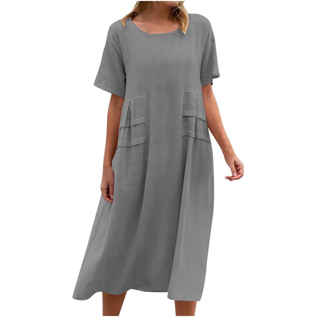yoeyez Robes en Coton et Lin pour Femmes pour l'Été, Robes Unies à Col Rond pour Dames, Coupe Ample, Manches Courtes, Robe Midi Décontractée de Plage Évasée Gris, G