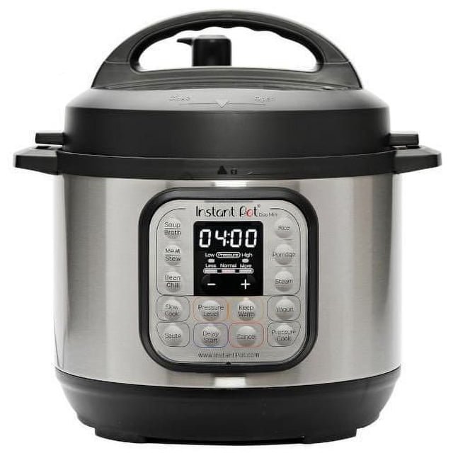 Instant Pot Duo 6 Quart 7-in-1 multi-use programmable pressure cooker showing digital timer and cooking function buttons.
