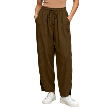 Cotton Sweatpants Women Elastic Waist Drawstring Loungewear with Pockets Solid Color Casual Loose Split Hem Daily Streetwear Workout Pants S‑3XL