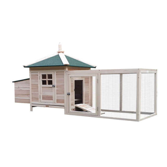 PawHut Chicken Coop Rabbit Hutch with Nesting Box Run Natural 77-inch. A wooden farm animal housing unit with a green asphalt shingle roof, nesting box, and outdoor run. Features galvanized wire for predator protection, lockable sliding metal bolt doors, and a slide-out tray for easy cleaning. Ideal for backyard poultry or small animals like chickens and ducks.