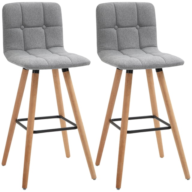 HOMCOM Bar Stool Set of 2 Upholstered Kitchen Stool with grey linen fabric seats and solid wood legs. Each stool features a padded backrest, square steel footrest, and non-slip pads for stability. Ideal for dining areas, bar counters, or tall surfaces, measuring 38.25 inches in height.