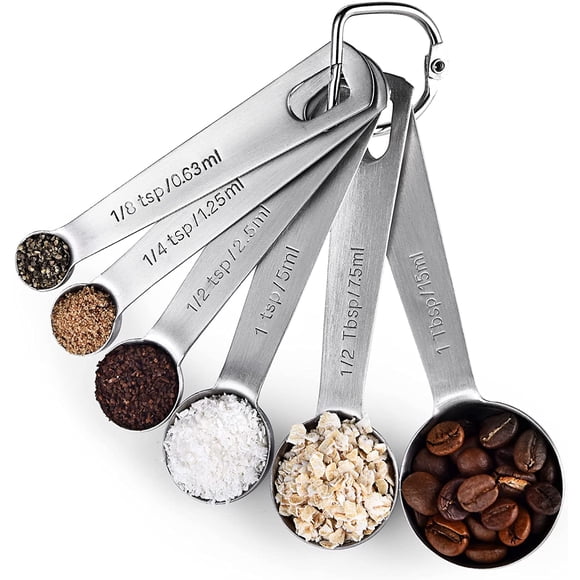 Cuillères à Mesurer : U-Taste Cuillères à Mesurer en Acier Inoxydable 18/8, Ensemble de 6 Pcs : 1/8 Cuillère à Thé, 1/4 Cuillère à Thé, 1/2 Cuillère à Thé, 1 Cuillère à Thé, 1/2 Cuillère à Thé et 1 Cuillère à Thé Ingrédients Secs et Liquides