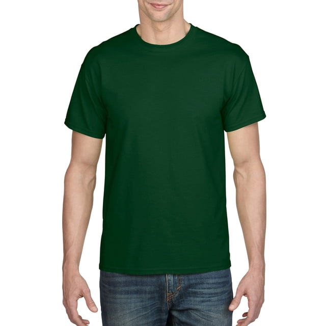 Gildan Mens DryBlend T-Shirt in Sport Dark Green, size L. Made from 50% preshrunk cotton and 50% polyester with DryBlend® fabric that wicks moisture. Features double-needle stitching, a seamless collar, heat transfer label, and taped shoulder-to-shoulder design. Ideal for casual wear.