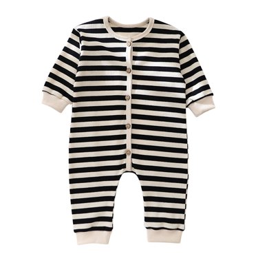 FAIWAD Unisex Baby Striped Cotton Romper Long Sleeve Round Neck Button Down Ribbed Jumpsuits