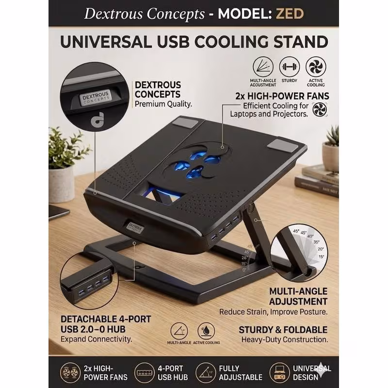 thumbnail image 3 of Universal Laptop & Tablet Cooling Stand – Ergonomic Height Adjustable Riser with 4-Port Detachable USB Hub & Ultra-Silent 2400RPM Fan – Compatible with 13-15" Devices (Black), 3 of 3
