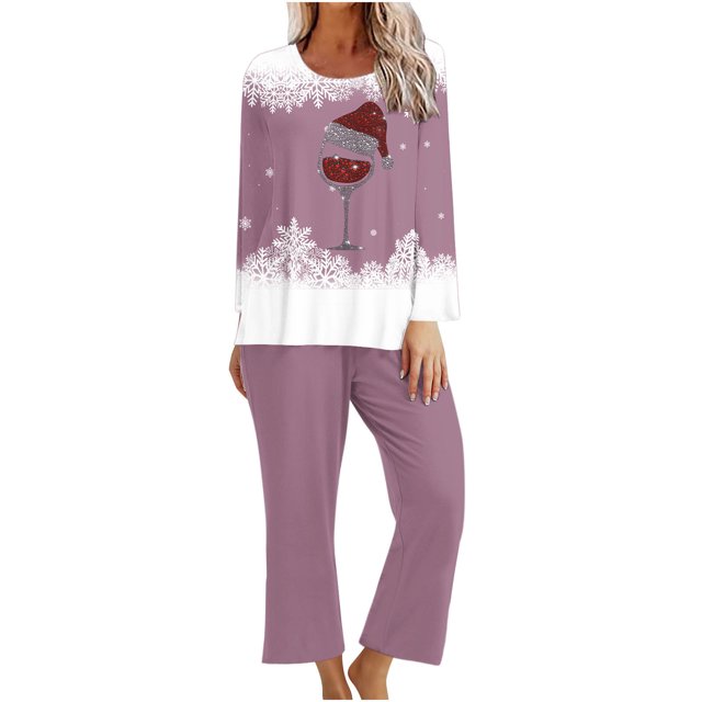 Pisexur Pyjamas de Noël pour Femmes Ensemble Deux Pièces Tendance Vacances Imprimé Verre de Vin Rouge Pjs Décontractés Manches Longues Col Rond Hauts Pantalons de Pyjama Vêtements de Nuit