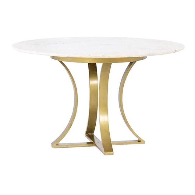 Heavenly Collection Curved Gold Brushed Dining Table with a 60-inch diameter polished white artificial marble top and uniquely curved golden brushed stainless steel legs, standing 29.5 inches high, ideal as a stylish dining centerpiece for kitchen or dining rooms.