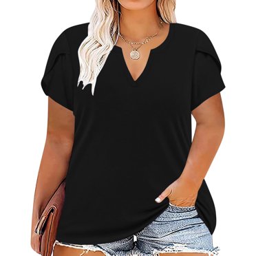 Jsaierl Plus Size Tops for Women Casual Solid Color Petal Sleeve Shirts Summer Loose Notched V Neck Comfy Home Vacation Tees
