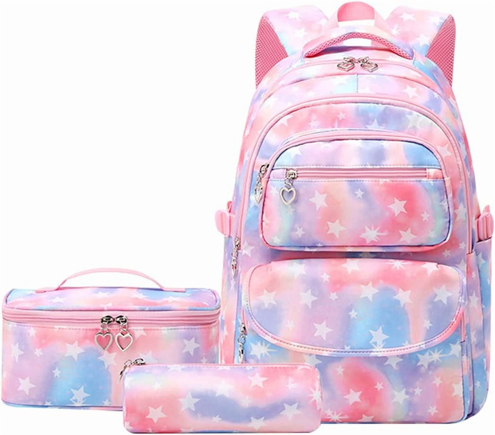 School Backpack Sets 3pcs Stars Prints Daypack Primary School Students with Insulated Lunch Bag and Pencil Case-pink-