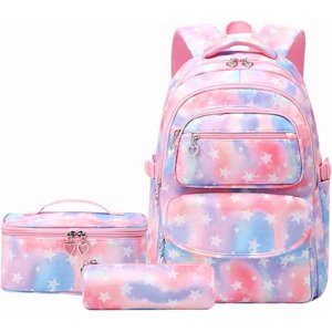 Ensembles de sacs à dos scolaires 3pcs Stars imprime Daypack Etudiants de l'école primaire avec sac à lunch isolé et boîtier en crayon rose-