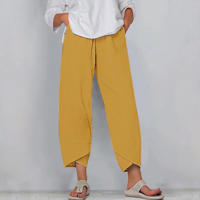 RXIRUCGD Women's Summer Comfortable Loose Wide Legged Fashion Solid Color Capris, Yellow, Size: L