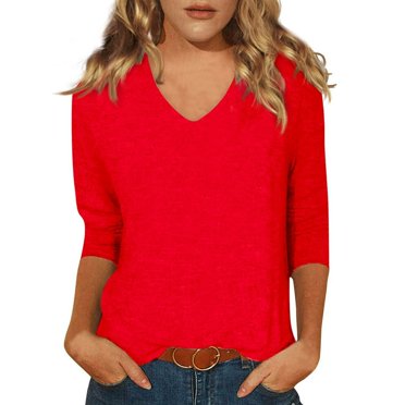 CHUANK Hauts pour Femmes à Manches 3/4 Grande Taille Col en V Coude T-Shirt Uni pour Femmes Chemises à Demi-Manches à Motif Floral pour Femmes Blouses d'Été pour le Travail Professionnel Blanc P