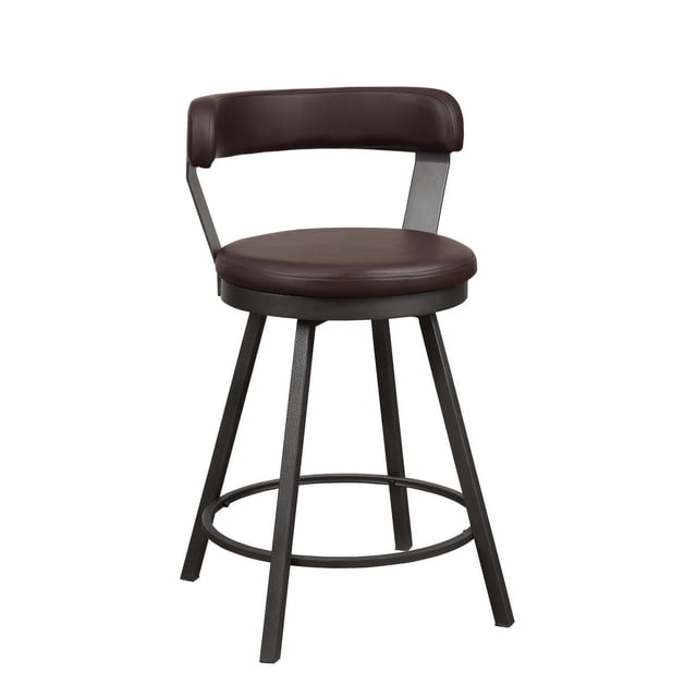 Topline Home Furnishings Counter Height Swiveling Chair with dark grey metal frame and round brown faux leather padded seat and backrest, featuring a circular footrest and 360-degree swivel, ideal for kitchen and dining seating and suitable for casual bar or counter spaces.