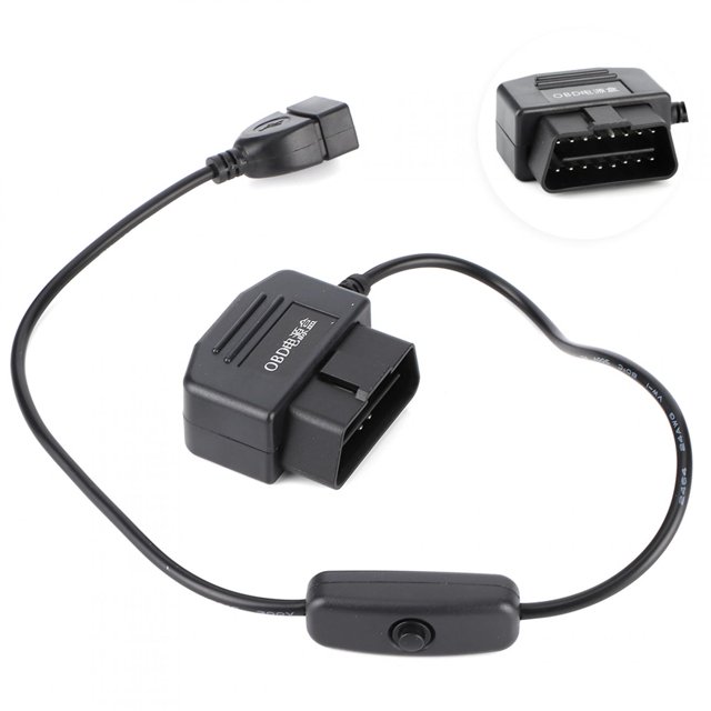 Fugacal 18.7in OBDII OBD power cable featuring a 16-pin connector and USB charger cable. Designed for car GPS, DVR, and dash cameras, this hardwire kit plugs directly into the car's OBD2 port. The black ABS cable includes overcurrent and short-circuit protection, with a compact and lightweight design. Suitable for 5V vehicle-mounted equipment like driving recorders and GPS navigators.