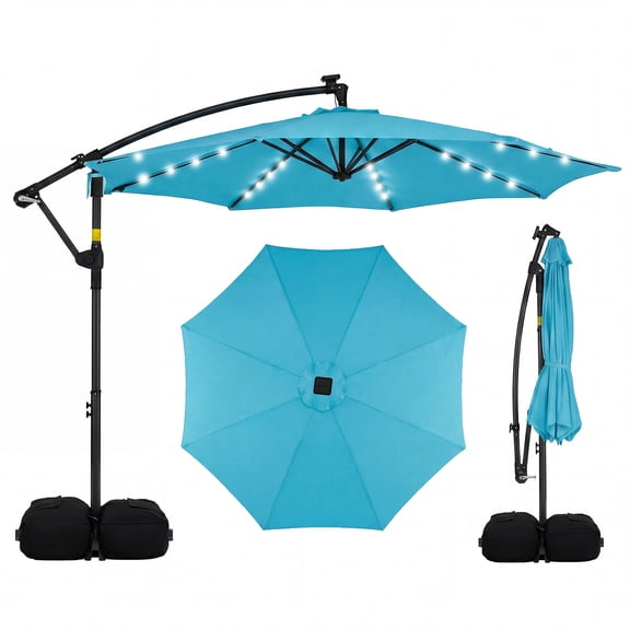Costway Parasol Suspendu Déporté Solaire de 10 Pi pour Patio avec 32 Lumières DEL Turquoise