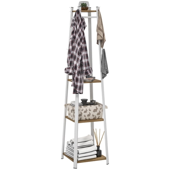 HOMCOM Clothes Rack, Garment Rack with 8 Hooks and 3-Tier Shelf, Oak