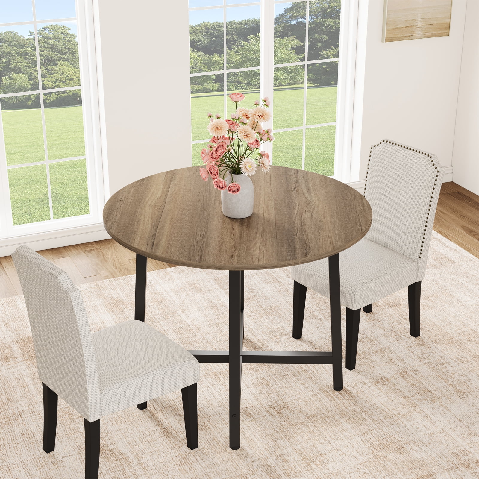 31.5" Round Dining Table for 4-6, Kitchen Dining Room Table with Sturdy Metal Frame, Wood Circle Kitchen Table for Space Saving - Rustic Oak (No Chairs)