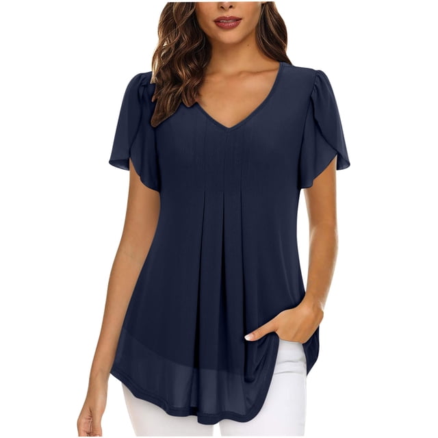 Birdeem T-Shirt à Manches Courtes en Chiffon Uni Décontracté Col en V pour Femmes