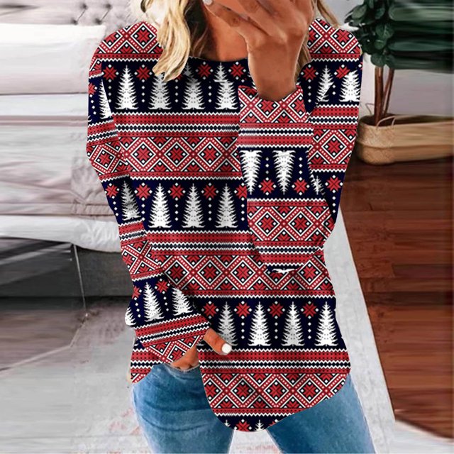 Costumes de Noël en Liquidation Col Rond Mode Décontractée Manches Longues Chandail à Imprimé de Noël Hauts Blouse Chandail Surdimensionné pour Femmes
