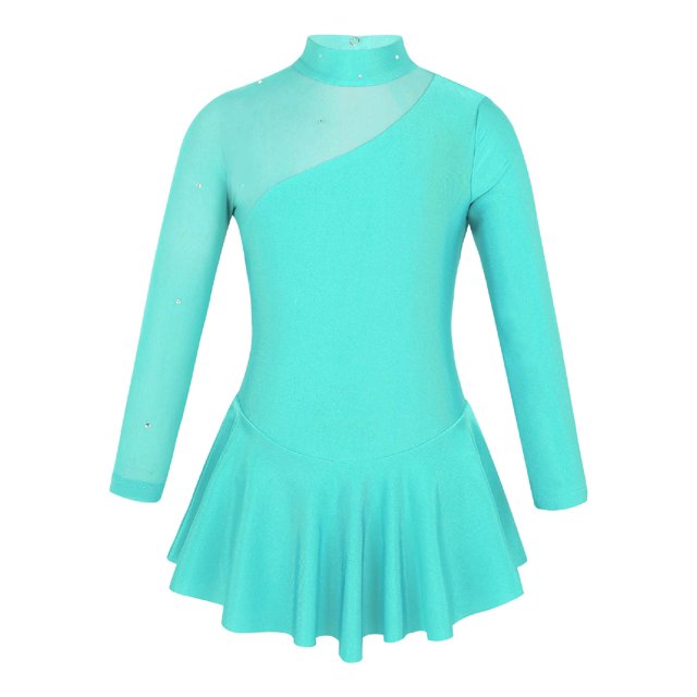 Hansber Girls Long Sleeves Sequins Mesh Patchwork Gymnastics Ballet Dance Dress Figure Ice Skating Mint Green 8