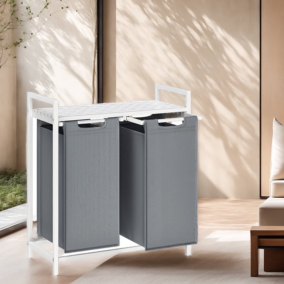 Panier à Linge et Trieur à 2 Compartiments avec Sacs Amovibles, Tablette Pliable, Capacité de 24,2 Gal (92 L), Cadre en Métal Robuste, pour la Maison, Buanderie, Blanc et Gris