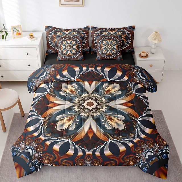 YST Scarlet Persian 7-Piece Vintage Floral Comforter Set, Full Size Boho Mandala Bedding, Retro Tribal Pattern