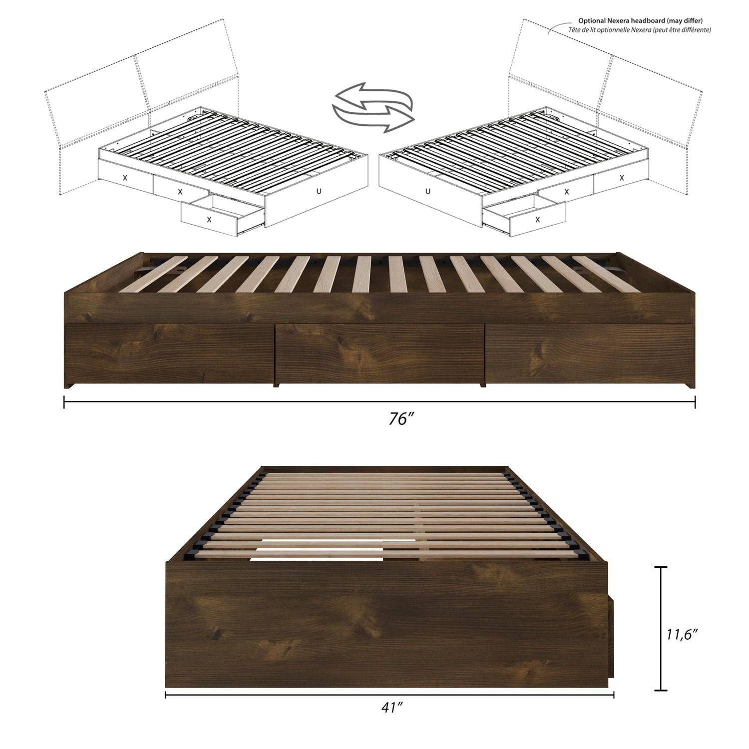 Lit rangement 3 tiroirs Nocce de Nexera, Truffe
