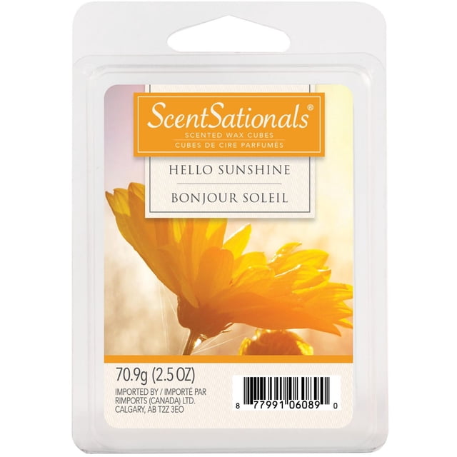 ScentSationals Scented Wax Cubes - Hello Sunshine in a clear plastic clamshell package with a yellow flower label, weighing 70.9g (2.5 oz), ideal for electric wax warmers to spread a relaxing home fragrance without flame or soot residue.
