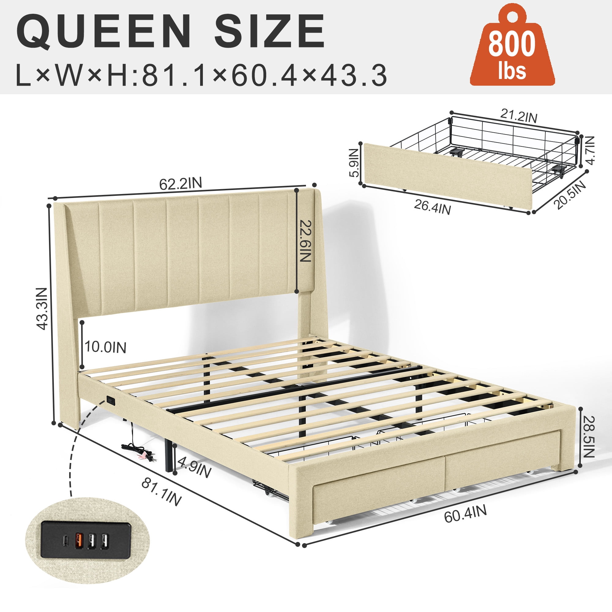 Ensemble cadre de lit queen et table de chevet pliante Homy Casa pour chambre et appartement