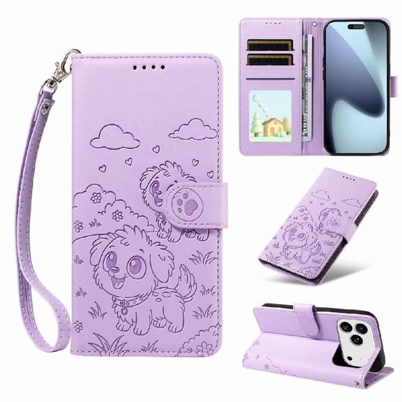 Compatible avec iPhone 17 Pro Étui Dragonne Cuir Chien Embossé Pochette Fente pour Cartes Supports