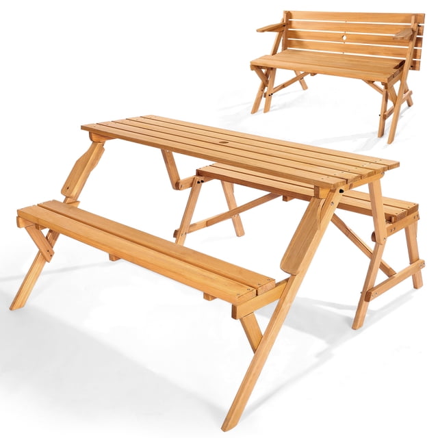 VEVOR Ensemble de Table de Pique-Nique 2-en-1 Transformable Interchangeable en Bois avec Banc pour l'Extérieur. Ce Mobilier d'Extérieur Multifonctionnel Est Fabriqué en Bois de Sapin de Qualité Supérieure avec une Finition Naturelle, Doté d'Un design à Lattes pour la Durabilité et la Résistance aux Intempéries. Il Se Convertit Facilement en Table de Pique-Nique et en Banc, Offrant une Flexibilité pour les Repas Ou les Assises. le Trou pour Parasol Intégré Permet une installation d'Ombre Rapide (Parapluie Non Inclus). Renforcé avec un Cadre Triangulaire et des Vis Métalliques