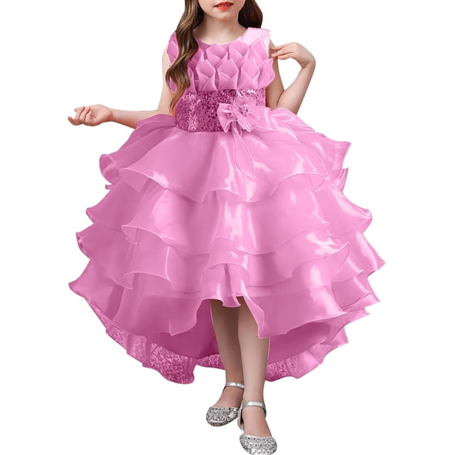 XDZJLR Girl Dresses Children'S Solid Color Irregular Mesh Lace Knee Length Trailing Wedding Puffy Princess Clothing