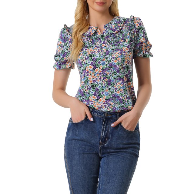 INSPIRE CHIC Blouse à Manches Courtes Smockée à Volants Col Peter Pan Floral pour Femmes TP Noir Violet