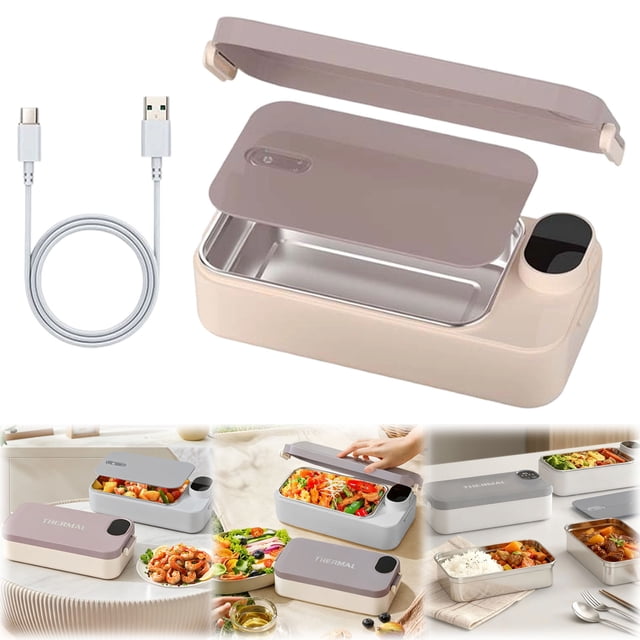XIPYYKM 900ml Heated Lunch Box, Portable Rechargeable Lunch Box with 304 Stainless Steel Container, Adjustable Temperature Display & Dry Insulation for Office, Travel, Outdoor