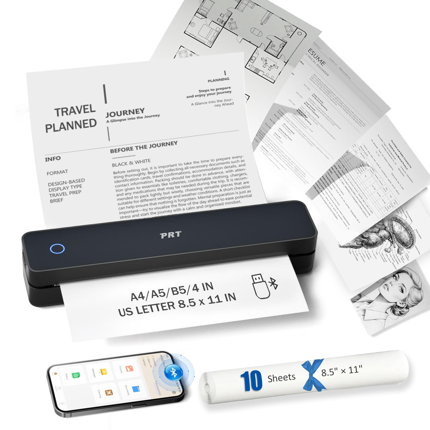 PRT Inkless Portable Printer, Wireless Thermal Printer for Travel Support 8.5"x11" US Letter & A4 B5, MT610 Small Bluetooth Mobile Printers with iOS